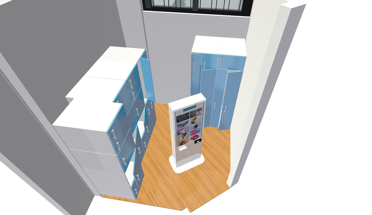 Render tridimensionale dello stesso locale, con locker azzurri e totem