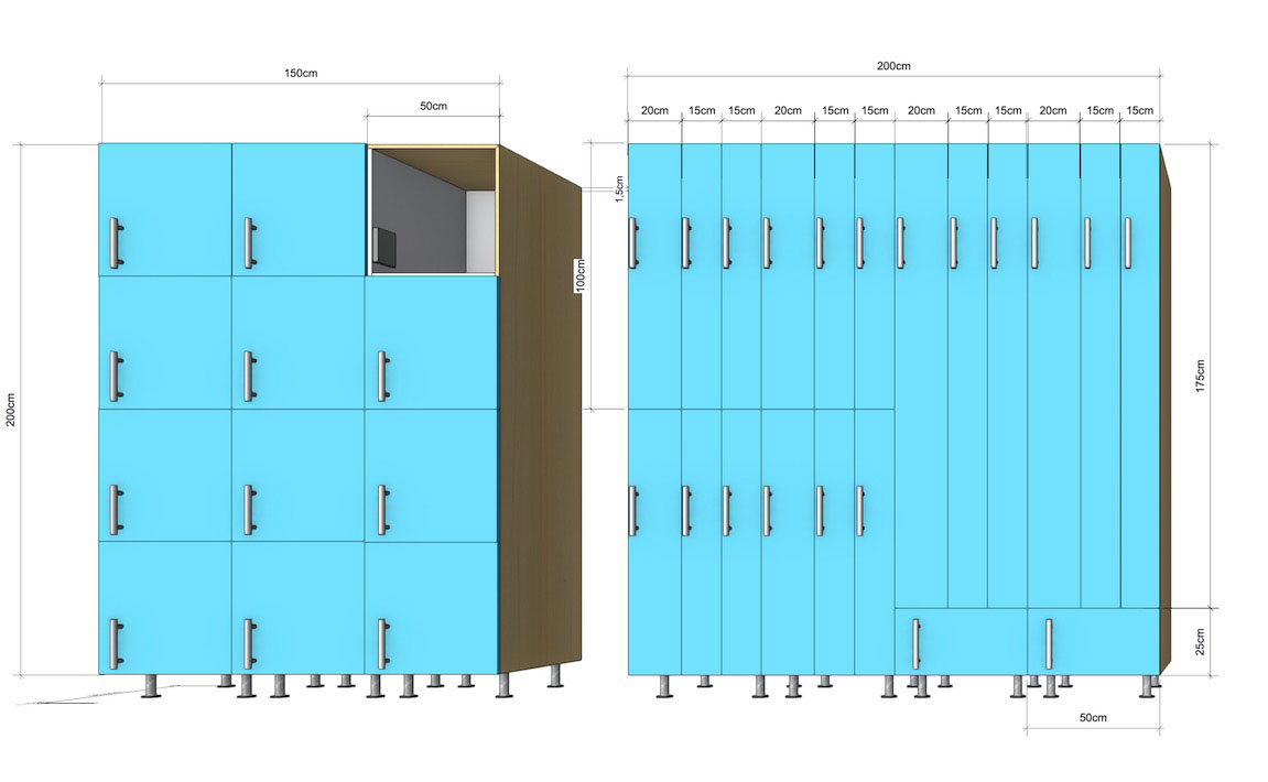 Render tecnico quotato di due configurazioni di locker: una da 150 cm di larghezza per 200 cm di altezza, una da 200 cm per 175 cm